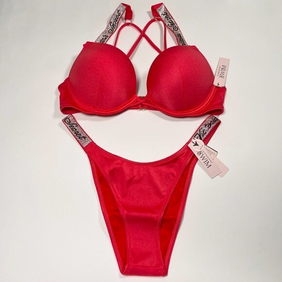 Victoria Secret 36DD L Bombshell Push Up Top Bikini Set Logo Shine Strap Pink - Picture 2 of 14